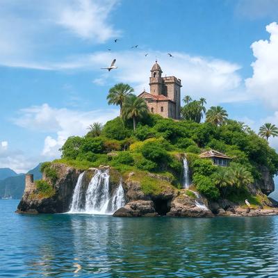 Primary subject: A large island with a castle on top, surrounded by water and featuring a waterfall.

Setting/background: The island is located in a body of water, with a castle on top and a waterfall nearby.

Visual style: The image is a photo of the island and its surroundings.

Colors and mood: The image has a vibrant and lively atmosphere, with the green island, blue water, and the castle's architecture creating a sense of adventure and wonder.